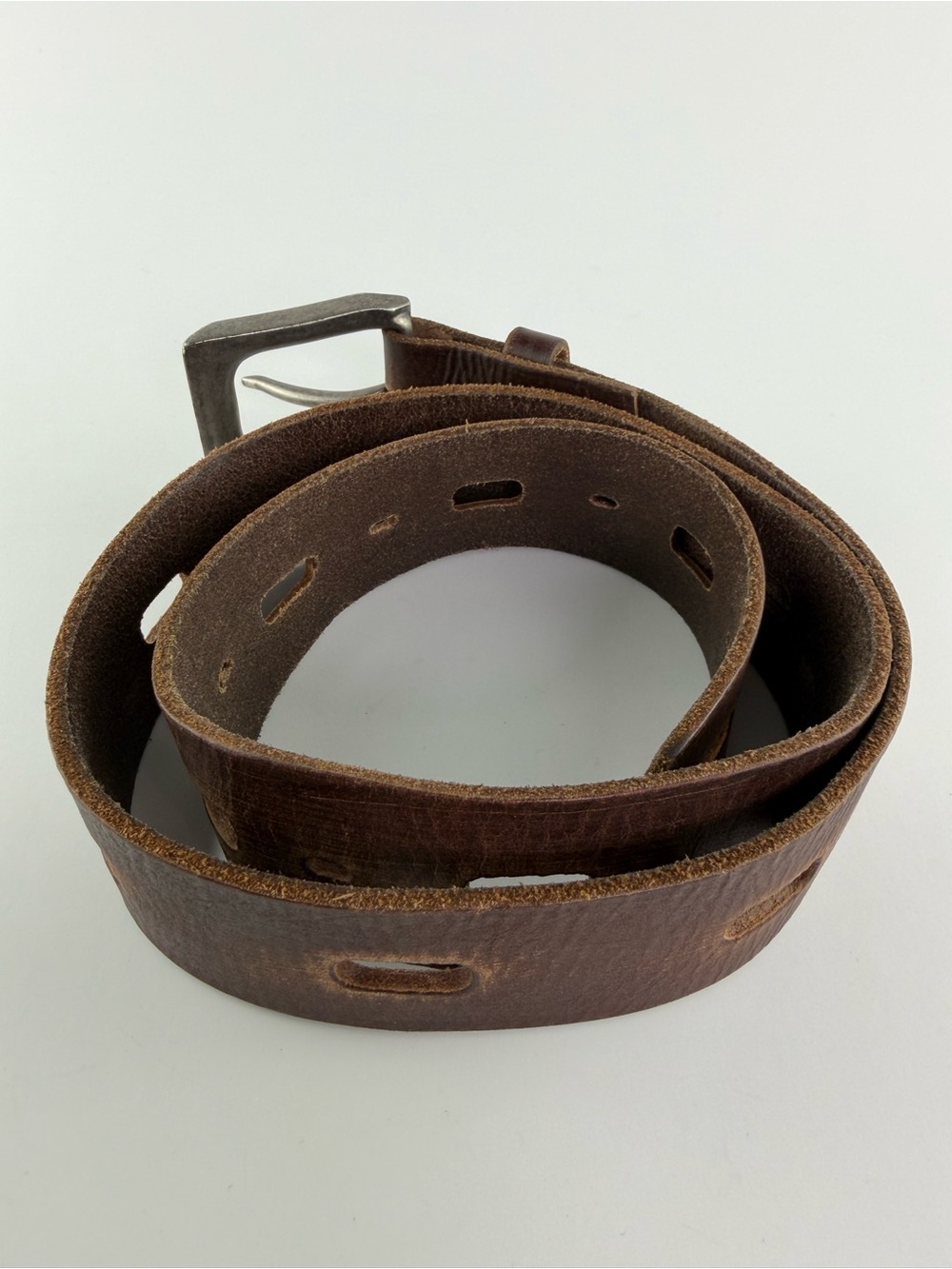 Vintage Y2K Perforated Leather Belt with Silver Tone Square Buckle Size 32 Brown - Picture 6 of 7